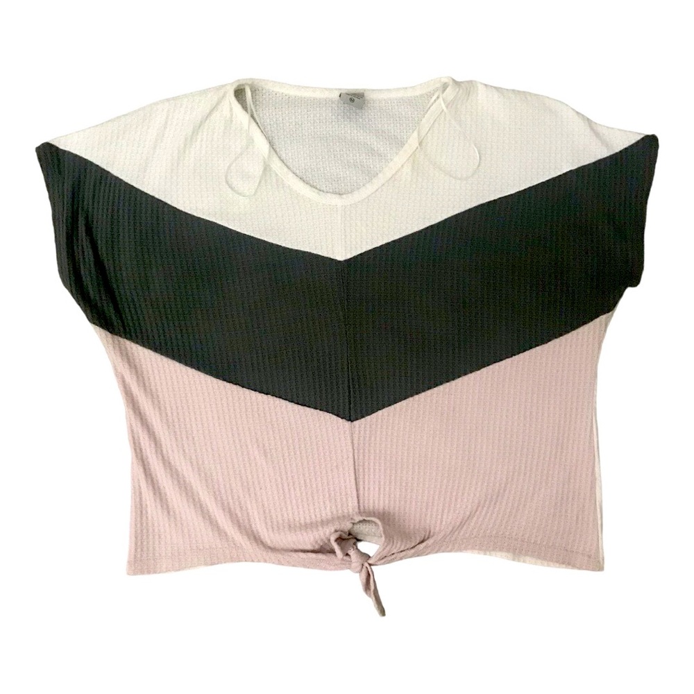 Medium Waffle Knit Sweater Paper Crane Short Sleeve Tie Front Colorblock
